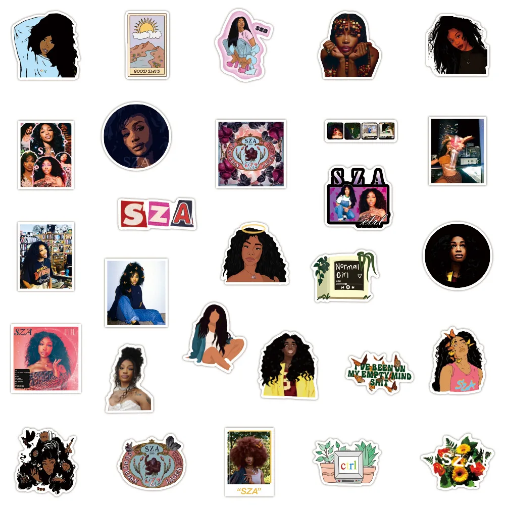 Pegatinas de cantante SZA para Grafiti de manualidades, calcoman&iacute;as impermeables para Skateboard, port&aacute;til, maleta para guitarra, Notebook, nevera, equipaje, juguete para ni&ntilde;os, 10/30/50 Uds.-4