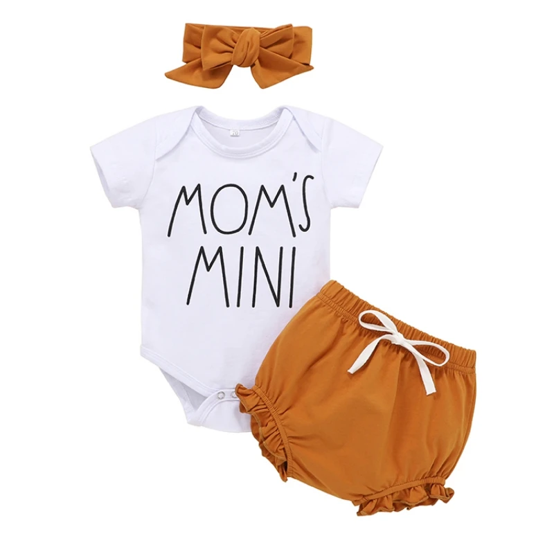

2021 summer Infant Baby Girl Clothes Set Summer Short Sleeve Romper Shorts Set Headband Outfit Toddlers Clothing