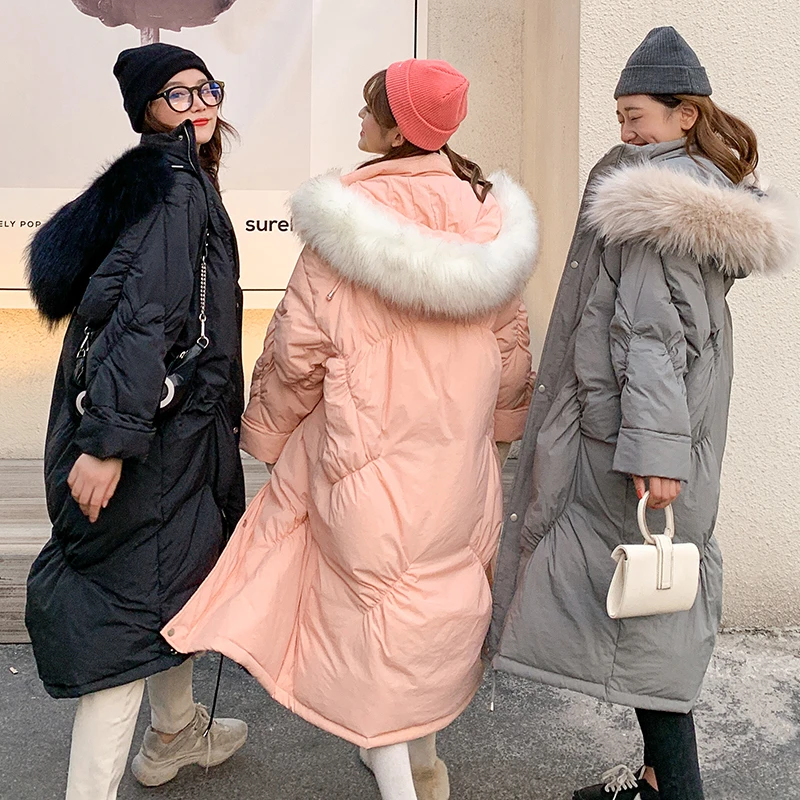 

Unua amo Oversized Winter Jacket Women Long Hooded Fur Collar Parka 2021 Fashion Elastic Pleated Design Warm Quilted Coat Female