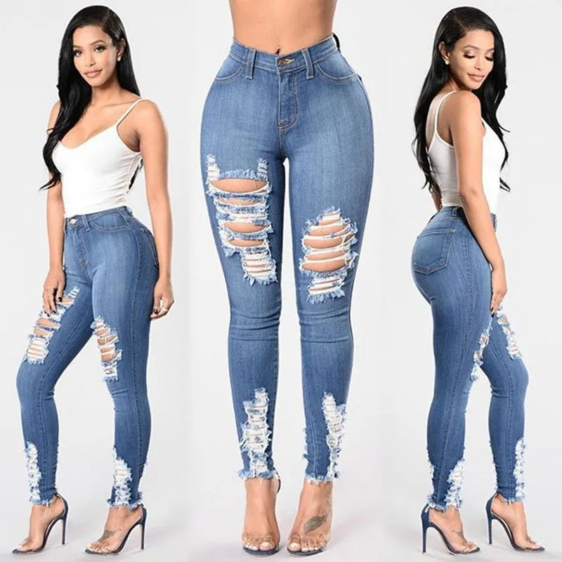 

Fashion High Waist Ripped Jeans Women Jeans Elasticity Full Length Hollow Out Jeans for Women Streetwear Women Hole Pencil Pants