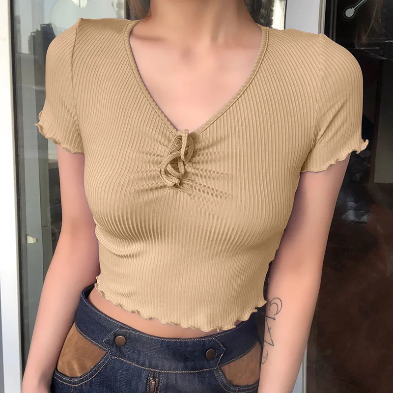 

2020 Summer Solid V-neck Lace Up T Shirt Woman Simple Rib Knitting Casual Wear Basic Short Sleeve Ruffles Slim Lady Tee
