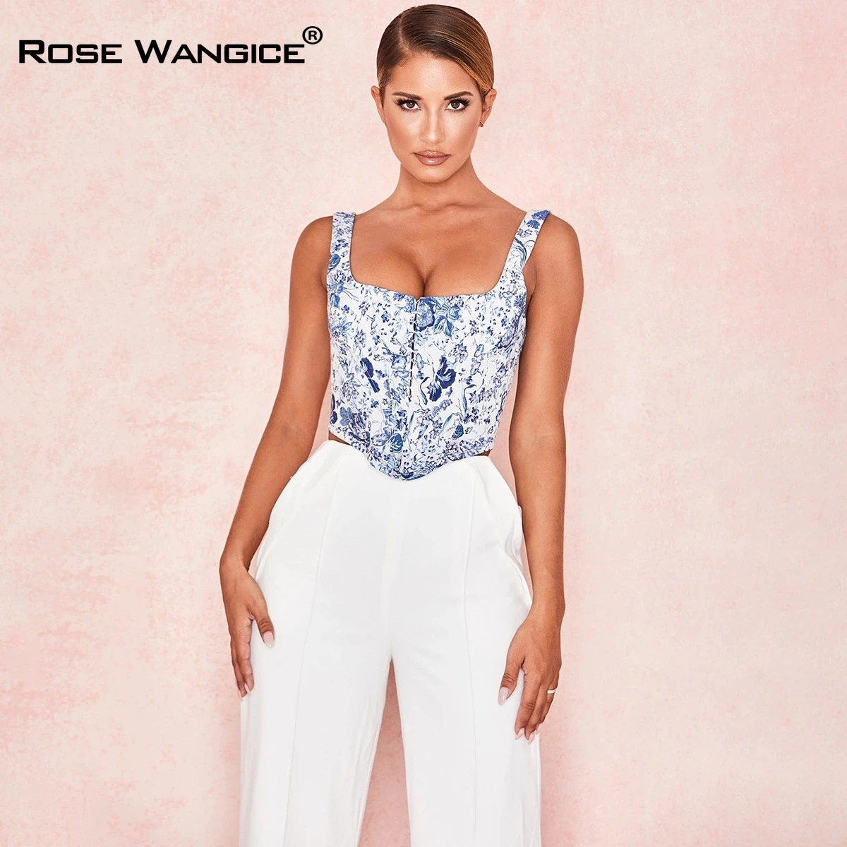 

Rose Wangice Woman Tops Summer 2020 Blue And White Porcelain Vest Square Collar Slim Short Tank Top Hidden Breasted Zipper Tops