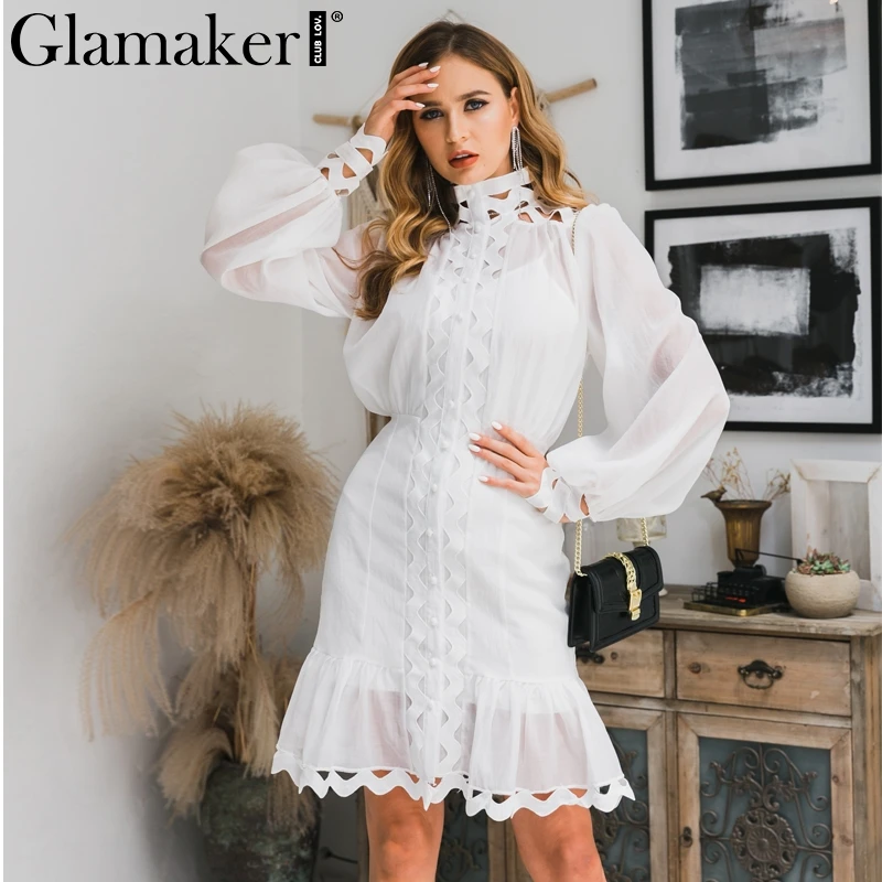 Glamaker сексуальное прозрачное короткое платье с рюшами для женщин длинным рукавом