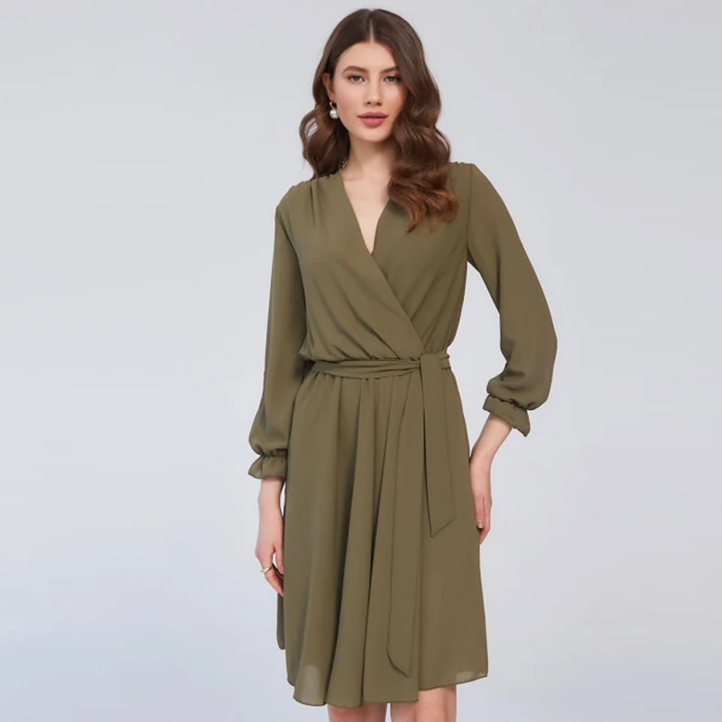 

Vintage V-Neck Sashes Dress Women Casual Long Sleeve Green Color A-Line Knee-Length Dress Fashion Daily Elegent Office Lady 2021