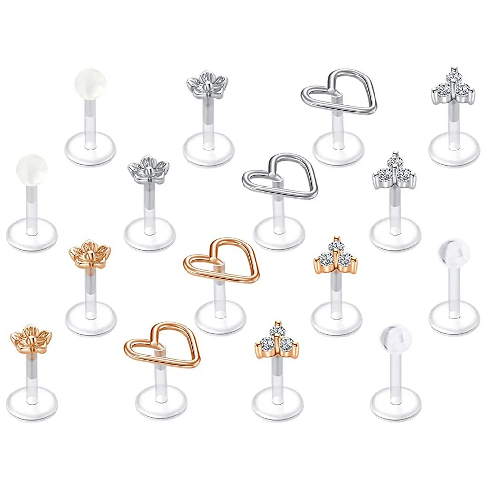 

18Pcs/lot Flexible Bioplast Heart Flower Ball Lip Labret Piercing Ear Helix Tragus Cartilage Studs Piercing Monroe Lip Ring 16G
