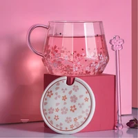 cherry blossom cup heat resistant glass cup with spoon cover lovely girl fresh flower cup office ins wind gift