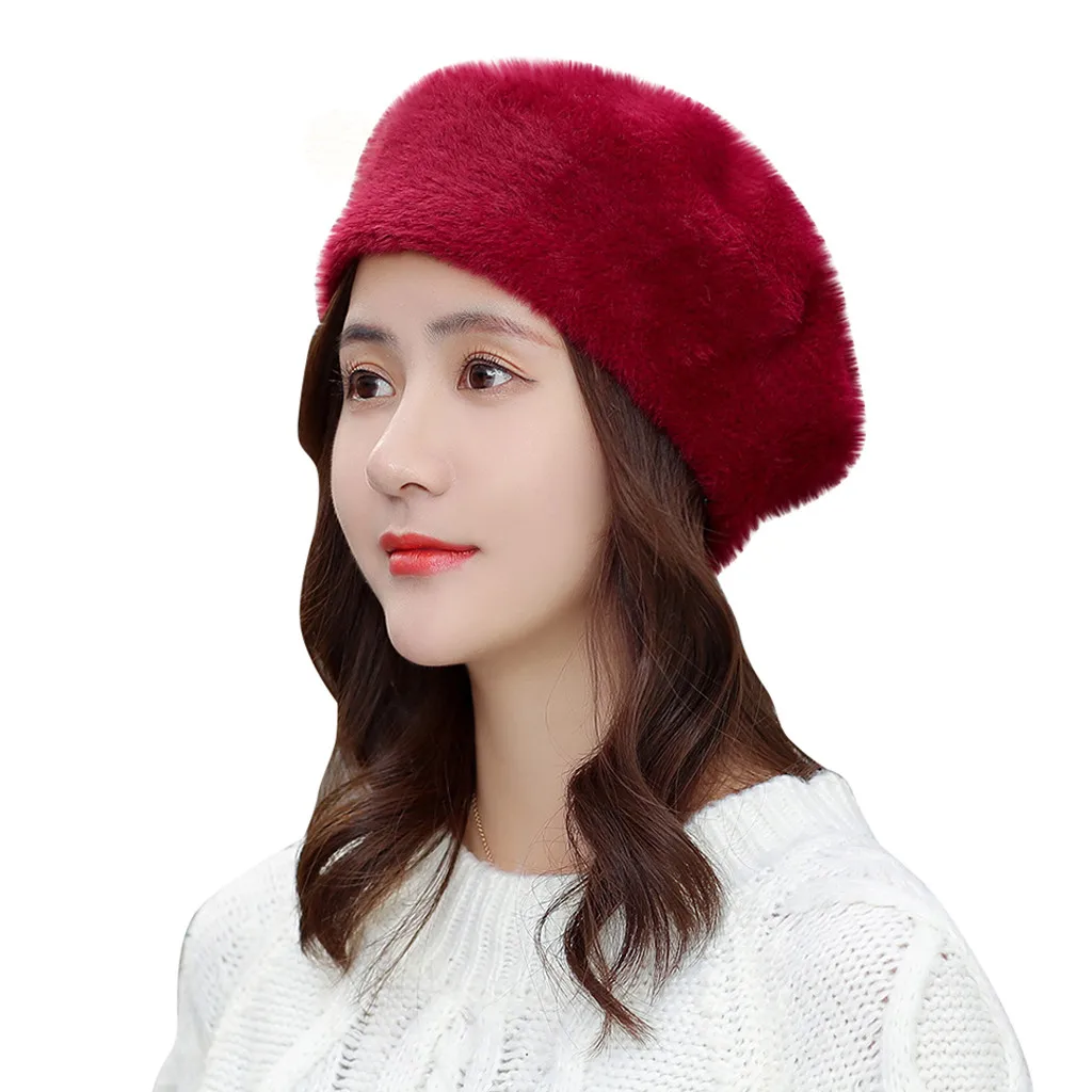 Хлопоковый берет шапки женские зимние французская шляпа девушки сплошной цвет
