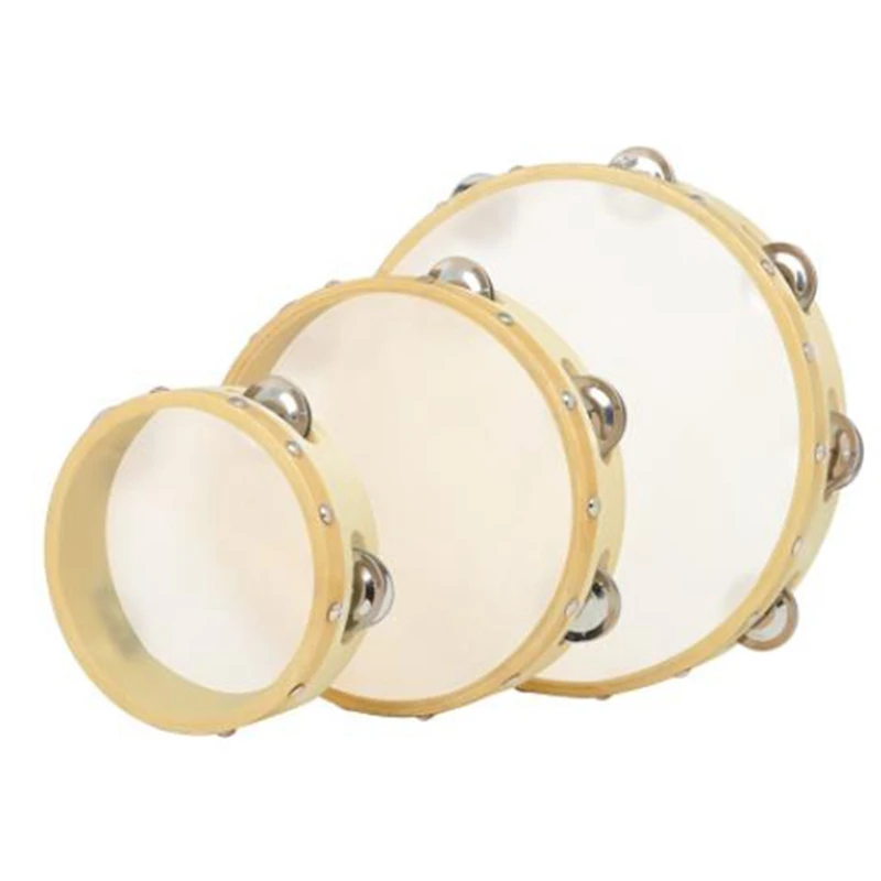 

3Pcs Tambourine Cowhide Wooden Handbell Clap Drum 6/8/10In Hand Drum Instrument For Kids Musical Educational Instrument