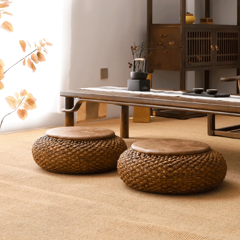 Straw Rattan Cushion Handmade Floor Seat Pouf Mat Hand Woven Knitted Straw Ottoman Footstool for Meditation Zen Yoga Practice