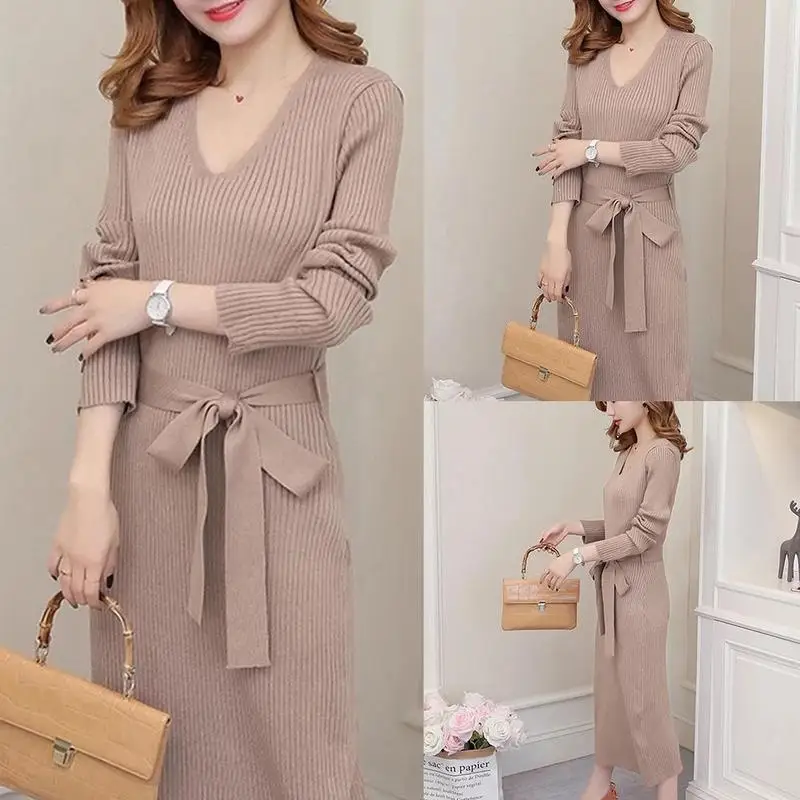 

1 Pcs Fashion Mid-length Pullover Dress V-neck Waist Slim Knit Dress Women High Waist Bottoming