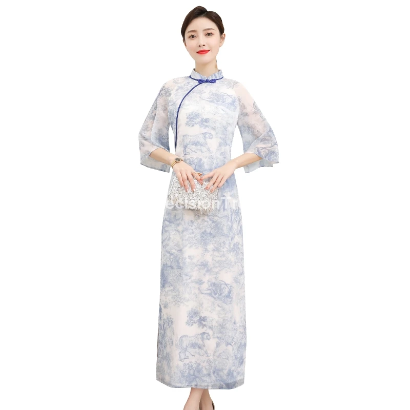 

2023 cheongsam ao dai vietnam style elegant lady satin dress retro mandarin collar flower print aodai dress chinese dress qipao