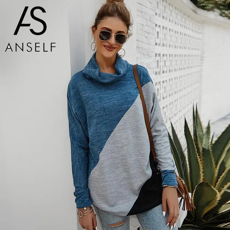 Женская водолазка с длинным рукавом свободная Модная туника контрастными