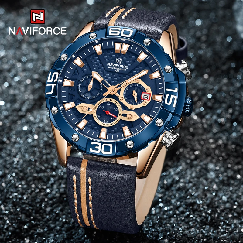 

Top Luxury NAVIFORCE Mens Watches Genuine Leather Military 1/10 Second Chronograph Sport Quartz Wristwatch Waterproof Date Clock