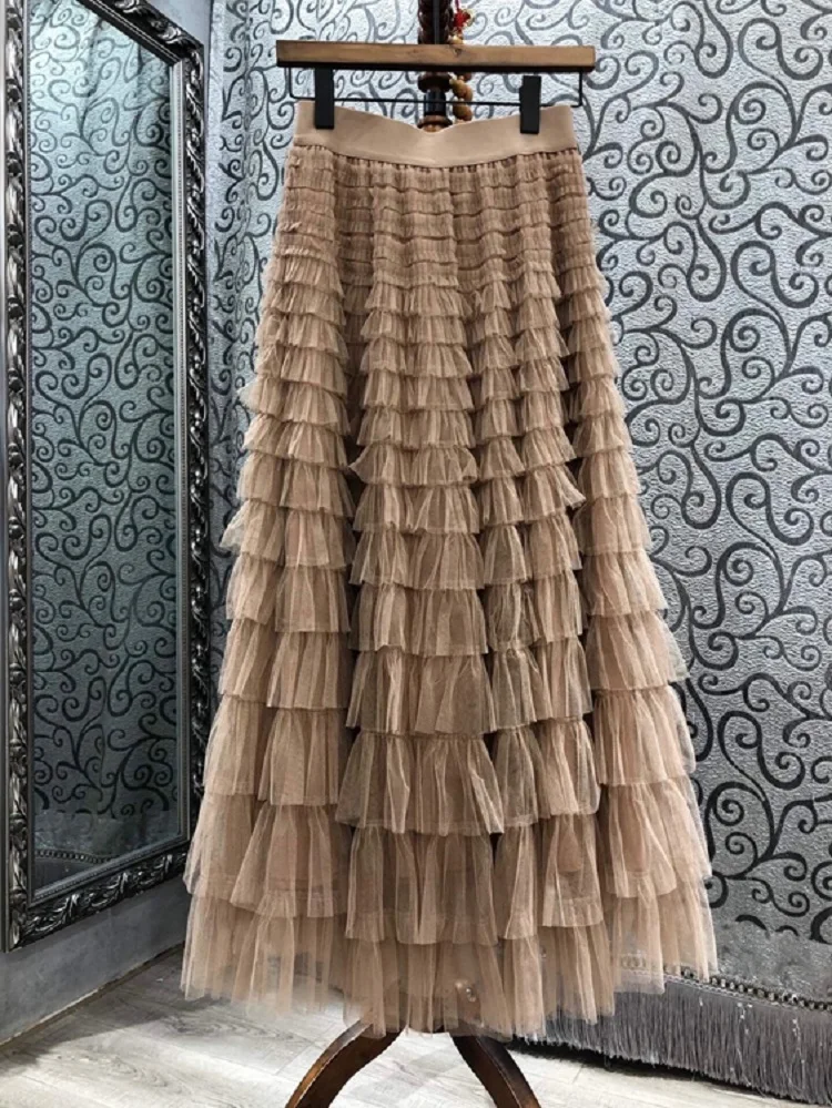 

Женская длинная юбка с каскадными оборками, повседневная синяя или черная сетчатая Юбка Макси до щиколотки, весна 2021