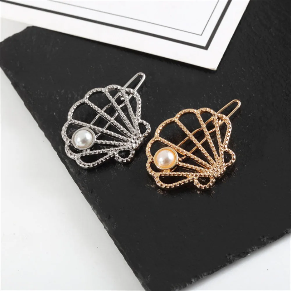 

Fashion Women Hollow Shell Pearl Hair Clip Metal Hairpins Girl Barrette Gifts