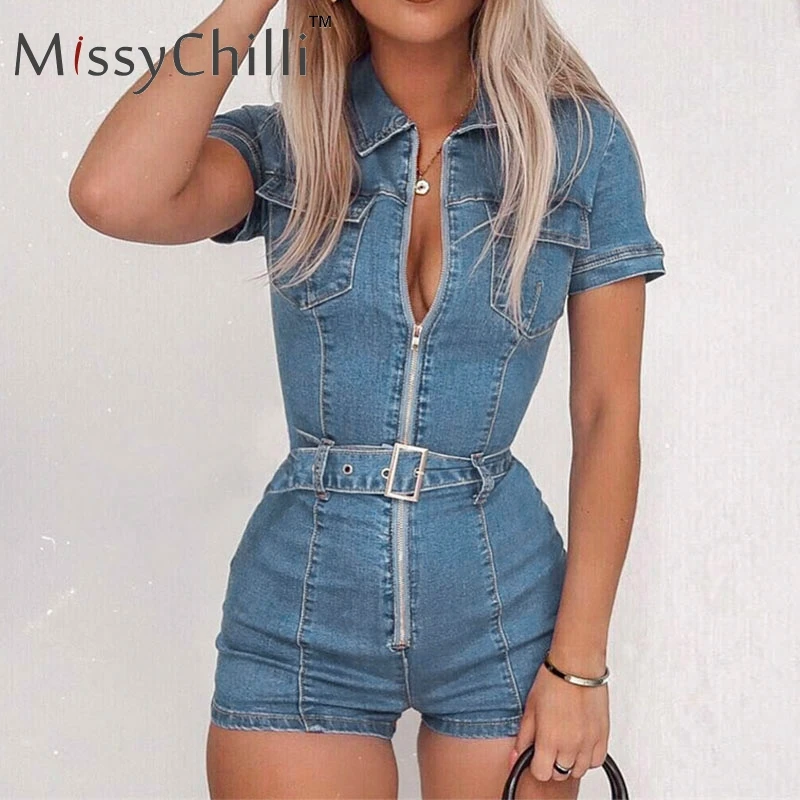 MissyChilli, сексуальный джинсовый комбинезон с поясом, для офиса, для женщин, на молнии, синий, летний повседневный комбинезон, для женщин, модные, вечерние, для клуба, джинсовые комбинезоны