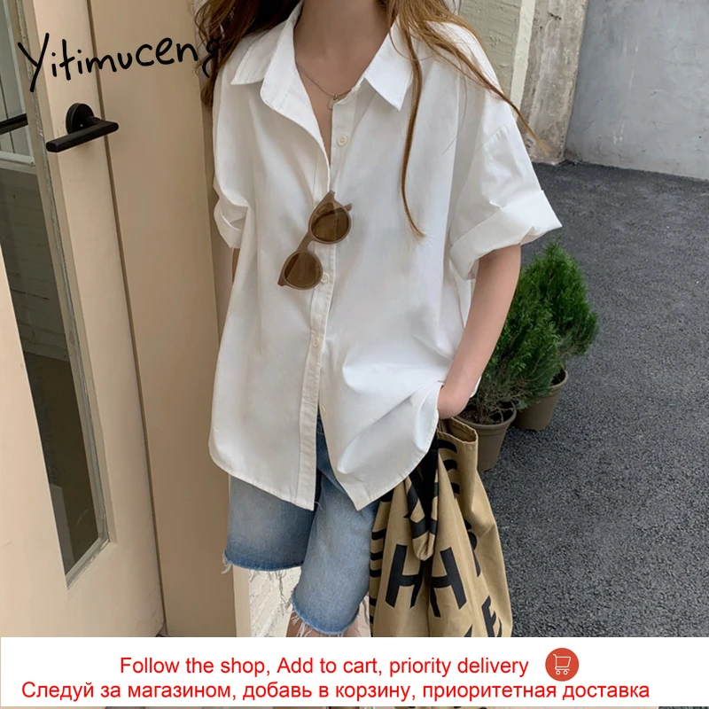 

Yitimuceng Button Up Shirt Women Oversize Tops Korean Fashion Casual Blouse Unicolor Yellow White Pink Short Sleeve 2021 Summer