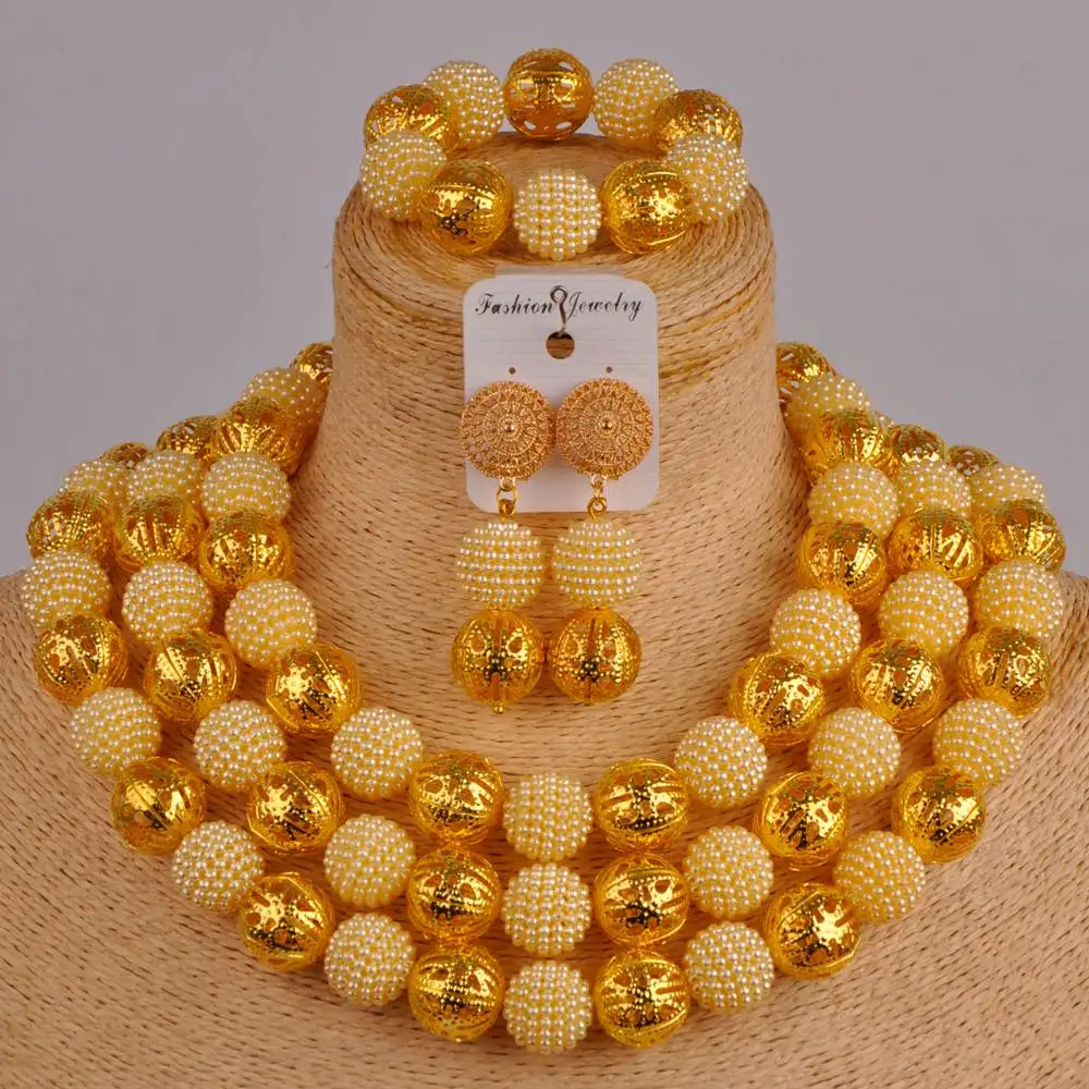 

Beige Imitation Pearl Necklace Gold African Jewelry Set Nigerian Wedding Sets Party Jewelry FZZ48