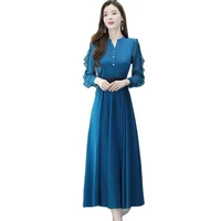 high end acetic acid stitching chiffon dress womens autumn 2021 new temperament long sleeved belly slimming dresses women 813