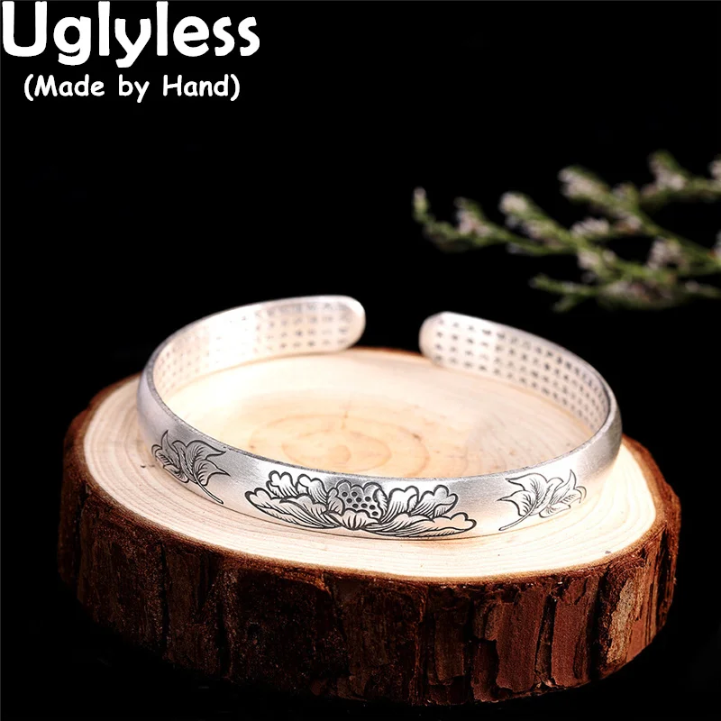 

Uglyless China National Flower Peony Bangles for Women 999 Pure Silver Jewelry Buddhistic Jewelry Heart Sutra Religious Bangles