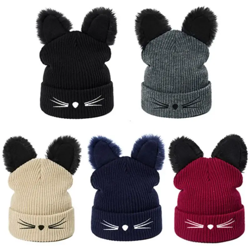 

2019 New 2019 Women Wool Hat Sweet Cute Fashion Beanies Cat Ear All-match Knitting Hat Fashion Warm Earmuffs Caps Skullies