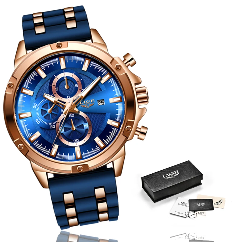 

2020 LIGE Fashion Silicone Blue Quartz Mens Watches Top Brand Luxury Watch Men Business Waterproof Clock Male Sport Chronograph