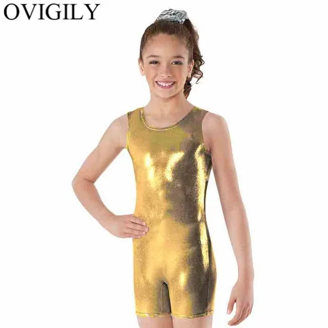 Gold OVIGILY/Красная Майка для девочек, бикетард, спандекс, металлический танцевальный трико для детей, цельный гимнастический комбинезон, боди для малышей - Цвет: Gold