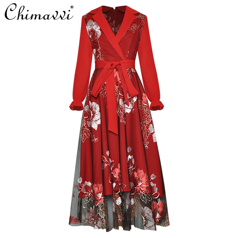 

High-End Embroidery Dress Women V-neck Lantern Full Sleeves Dress Lace-up Slimming Large Hem Mesh Stitching Festive Maxi Dress
