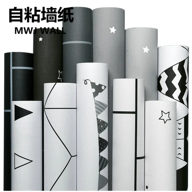 

Nordic simple black and white cartoon simple self-adhesive waterproof PVC wallpaper bedroom dormitory wallpaper
