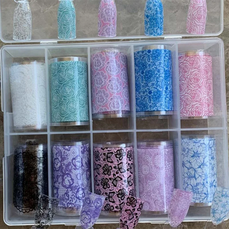 

10 Rolls Transfer Foil Stickers for Nail Art Decoration Floral Wraps Starry Sky Lace Stripes Butterfly Marble Decals