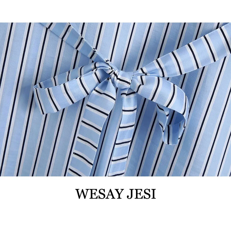 

WESAY JESI Summer Dresses For Women Casual Belt Striped Shirt Dress Woman Oversize Long Sleeve Pocket Elegant Ladies Clothes