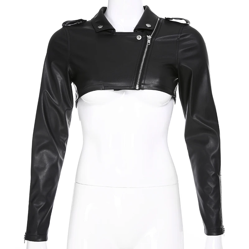 Sweetown Black Steampunk Bomber Leather Jacket Epaulet Zipper Short Woman Jacket Turn Down Collar Streetwear Jackets Autumn