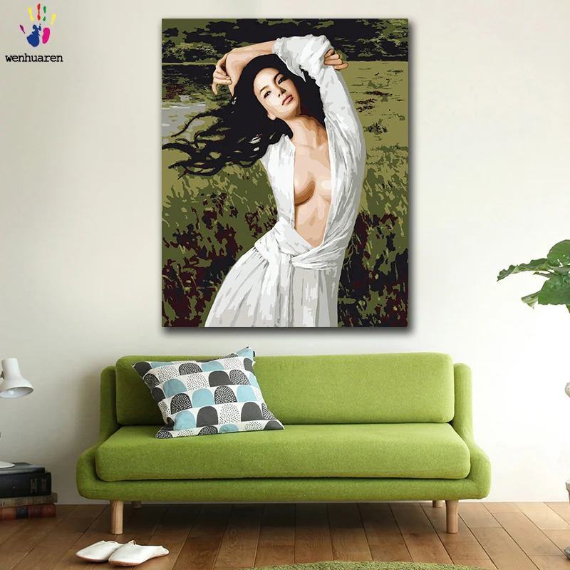 DIY картинки для раскраски по номерам с цветами Akino девушка в белом платье Картина