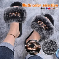 new sandals furry fur slippers fluffy flip flops chain and fur slides for women ladies house slippers outdoor party flat shoes