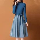 Женское трикотажное платье-свитер, элегантное плиссированное платье-трапеция составного кроя с длинным рукавом и шнуровкой в Корейском стиле, Осень-зима 2020