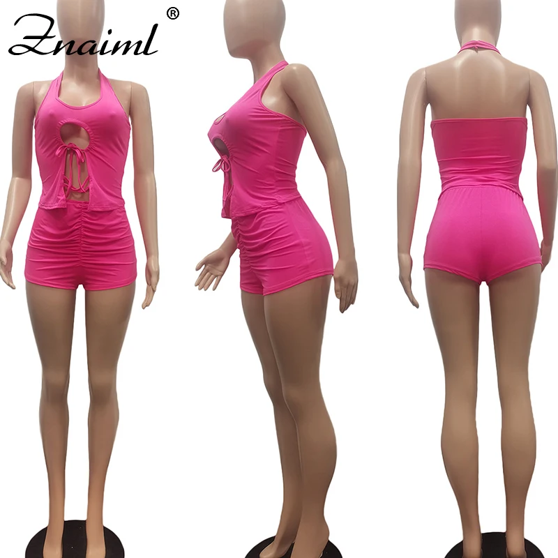 

Znaiml Casual Women's Two Piece Outfits Set Tracksuit Lace Up Halter Crop Tops + Biker Shorts Jogger 2 Piece Active 2021 Summer