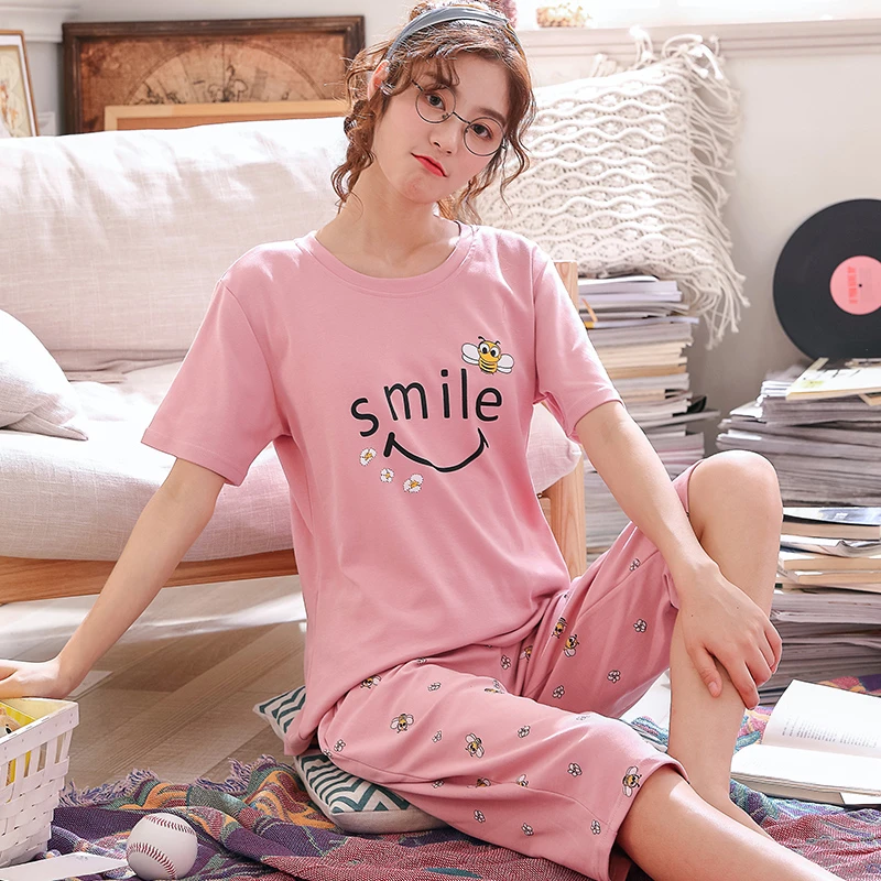 

Summer Cartoon Cotton Pajamas Set Women Pyjamas Sleepwear Nightwear Pijama Mujer Home Wear Plus size Calf-Length Pants Nightsuit