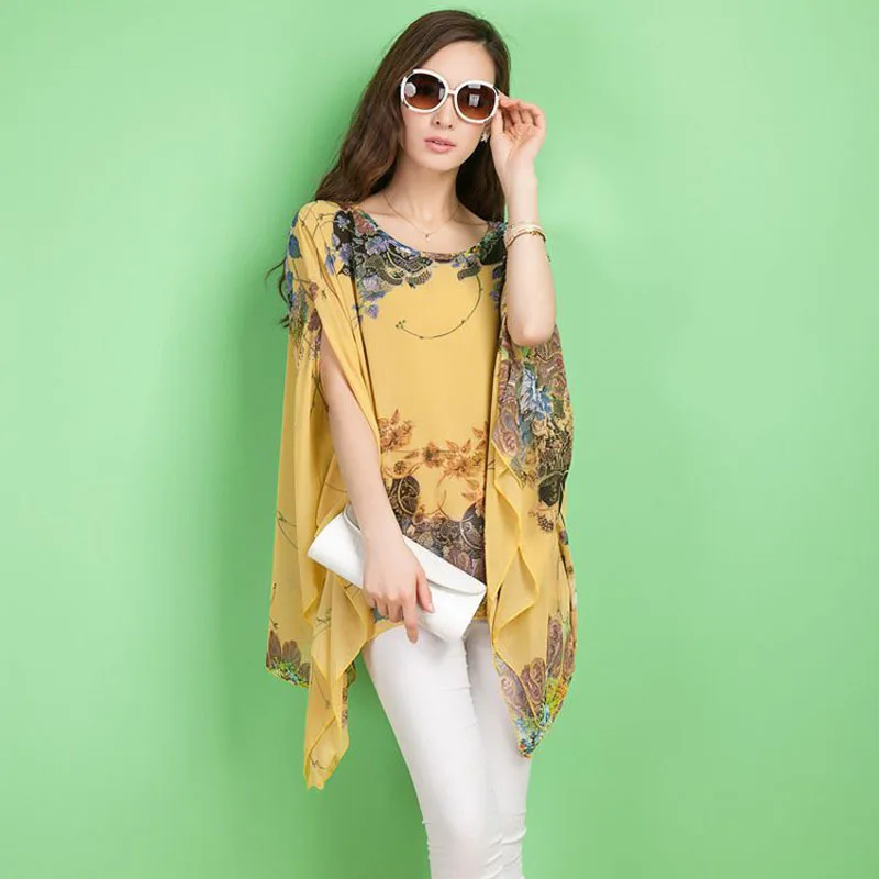 Модное женское шифоновое свободное пончо с цветочным принтом летние тонкие
