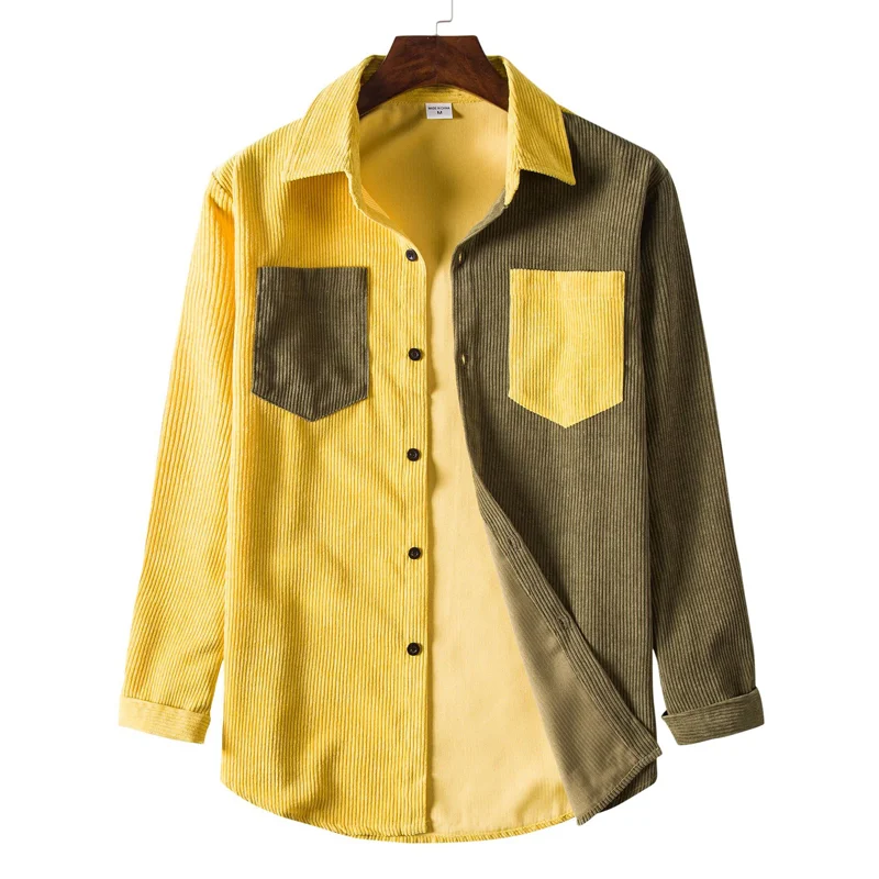 Double Pocket Corduroy Patchwork Shirt Men 2021 Autumn New Casual Warm Jacktes Shirts Mens Long Sleeve Western Style Shirt Male