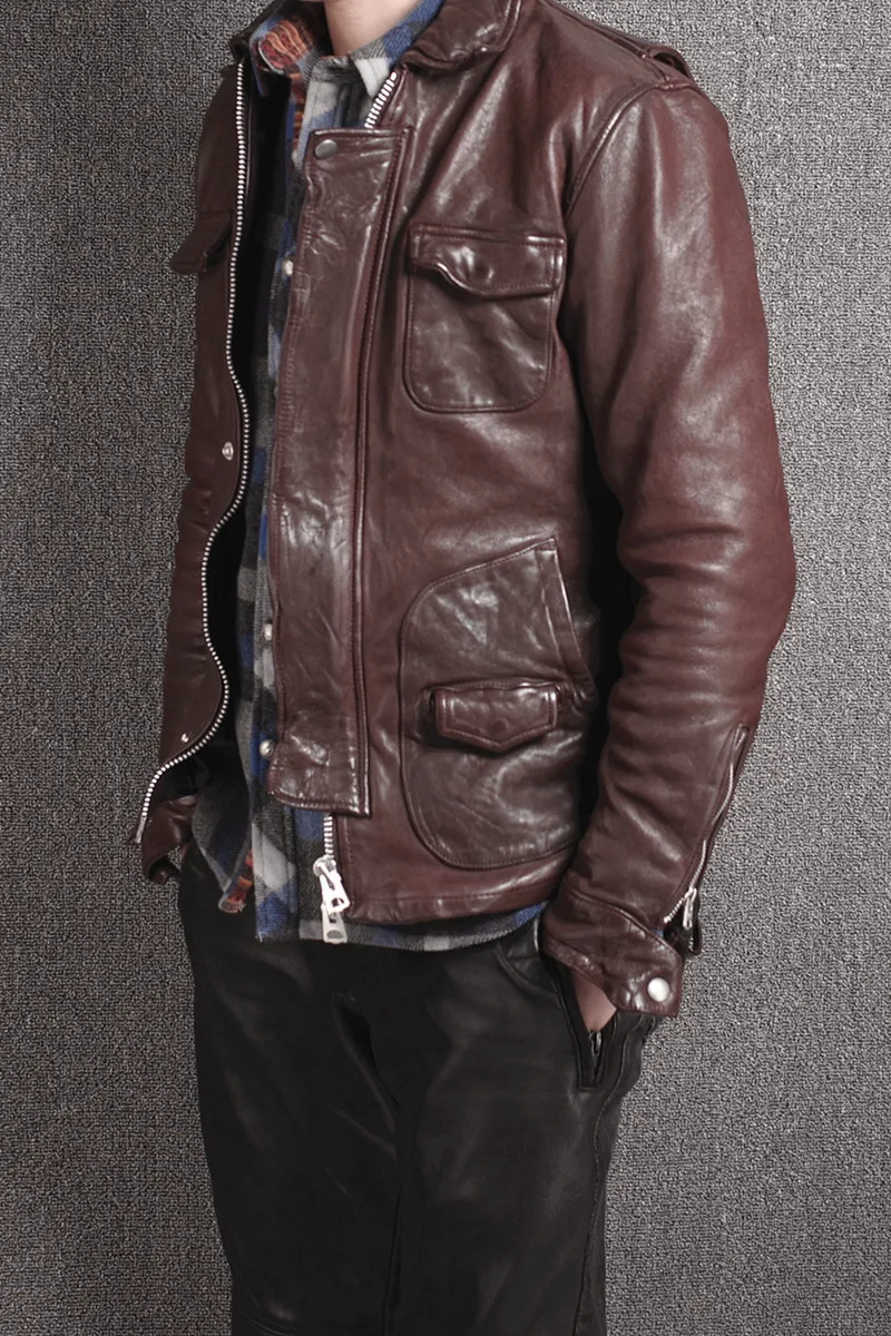 

Men's vintage motorcycle vegetable tanning sheepskin slim fit biker jacket men japanese Wrinkle leather coat male
