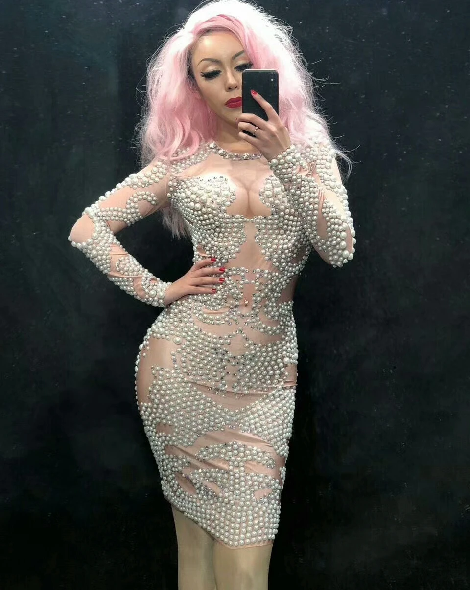 Модное платье стразы с жемчугом женская вечерняя одежда длинным рукавом