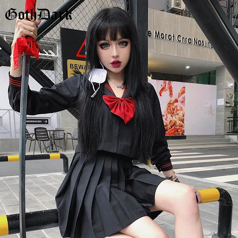 Готический женский набор готический темно-черный гранж-Панк Harajuku эстетический плиссированный бант осень с длинными рукавами комплект из двух предметов Мода