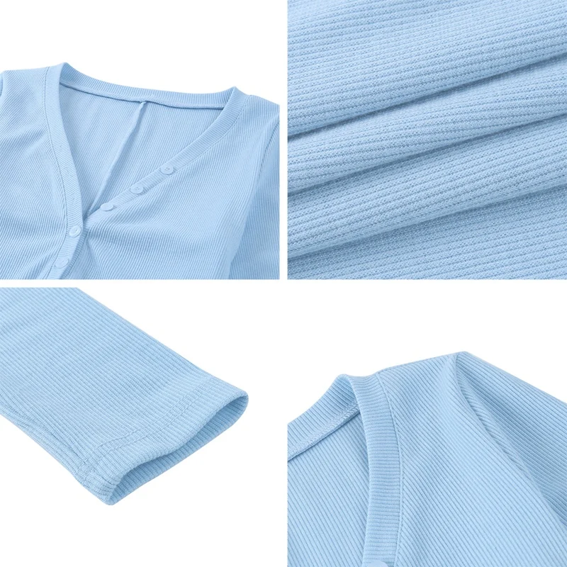 

Sexy V Neck Knitted Bodysuit Womens Long Sleeve Buttons Rompers Jumpsuit Casual One-Pieces Bodysuits