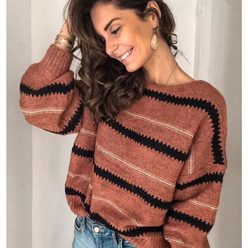 Spring Winter Women Sweater Fashion Loose High Neck Striped Long Sleeve Warm Top Casual Batwing Plus Size | Женская одежда