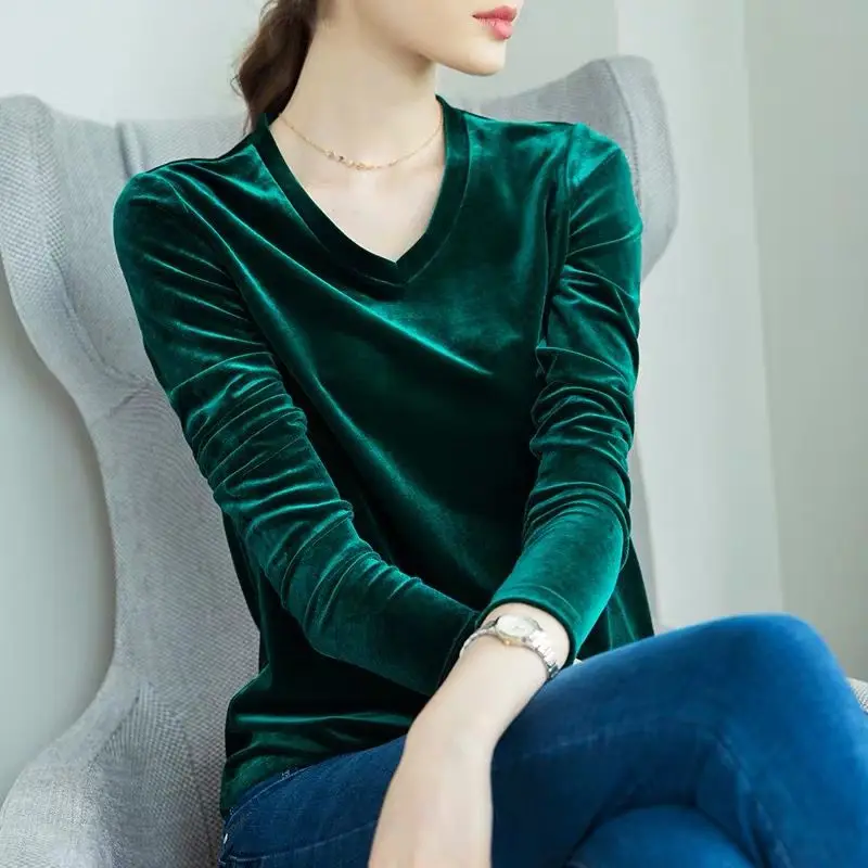 Зеленый Женская осенняя и зимняя офисная велюровая блузка blusas Элегантная Повседневная Блузка Топы Плюс Размер бархатные рубашки 5XL 6XL 7XL - Цвет: Зеленый