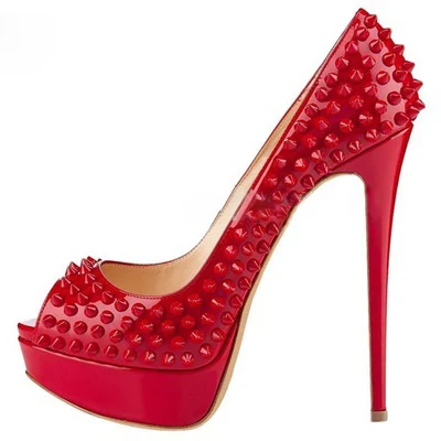 Sexy Red Rivets Studs Party Wedding Shoes Woman Peep Toe Platform Super High Heels Pumps Patent Leather Dress Heels