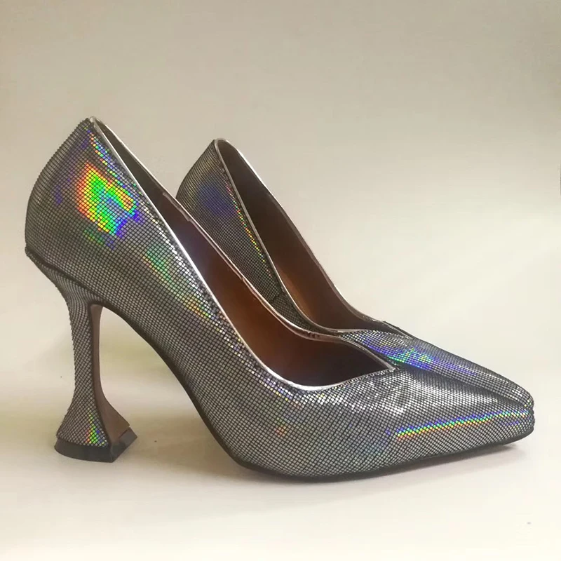 Туфли женские на высоком каблуке серебристые блестящие вечерние туфли-лодочки