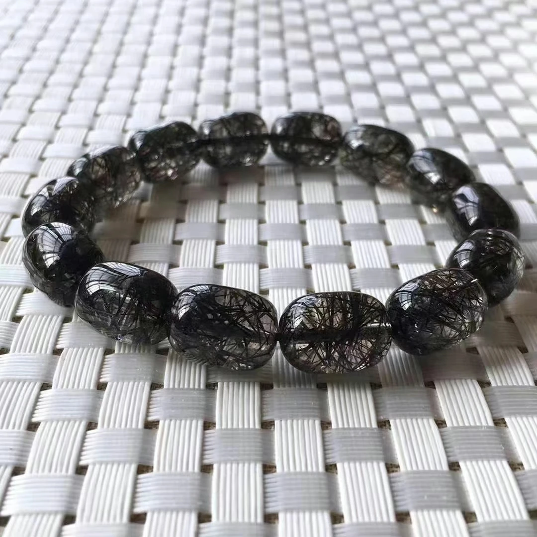 

Genuine Natural Black Rutilated Quartz Crystal Bracelet 15*10.5mm Clear Round Bead Stretch Women AAAAAA Genuine