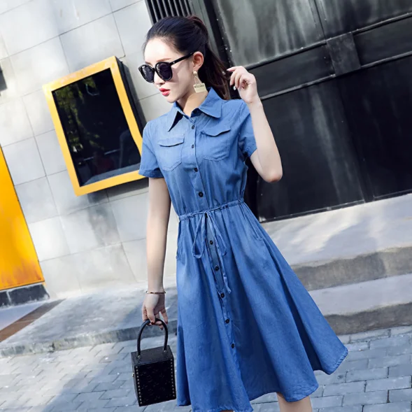 Женское джинсовое платье повседневное длинное с длинным рукавом DG371 лето