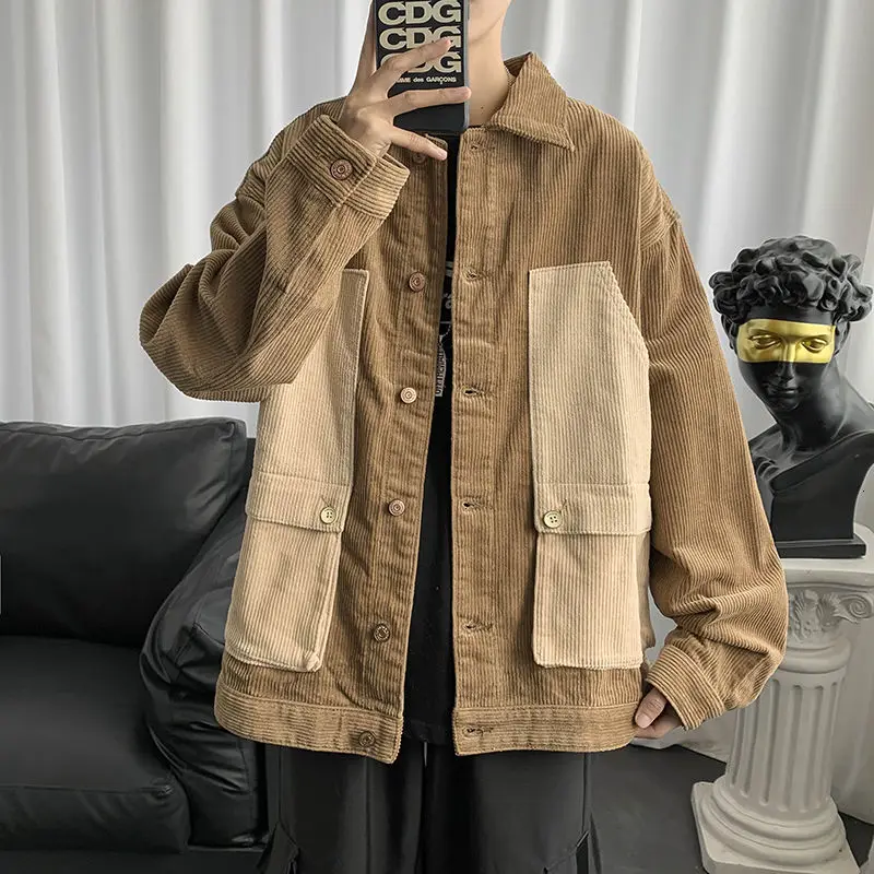 

2021 Autumn And Winter New Youth Popular Men's Loose Stitching Contrast Color Tooling Jacket Fashion Casual Single-breasted Top
